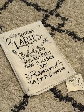 Primitives by Kathy White Tea Towel with Black Script
